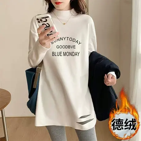 白色德绒打底衫半高领T恤女2022秋冬新款宽松休闲中长款长袖上衣商品大图