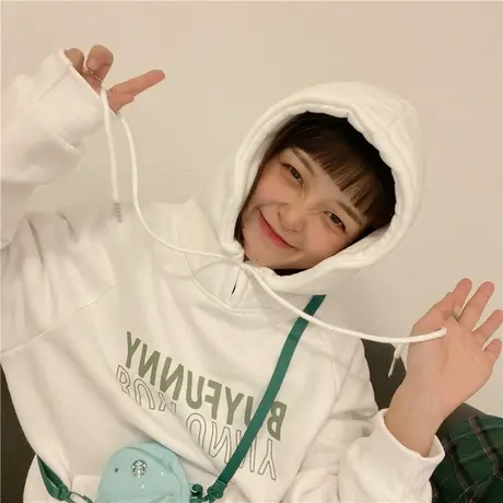 红续小个子冬季新款插肩袖加绒加厚连帽卫衣女外套韩版学院风上衣商品大图