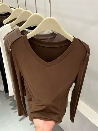 简约直筒针织衫休闲时髦长袖女2023早秋新款长袖V领螺纹明线体恤商品大图