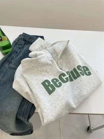 美式字母印花立领卫衣！秋百搭宽松大版显瘦半拉链休闲上衣外套女商品大图