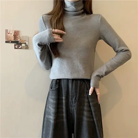 堆堆领德绒打底衫女秋冬季2024新款加绒加厚修身长袖t恤内搭上衣商品大图