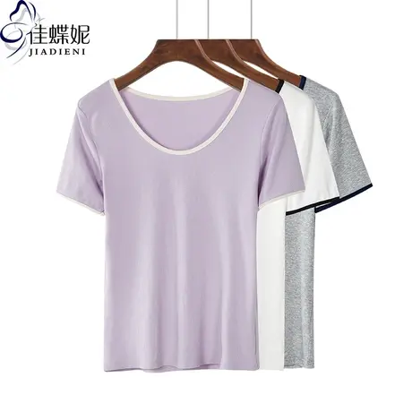 韩国夏季复古拼接撞色短袖T恤显瘦修身基础简约百搭上衣打底衫女商品大图