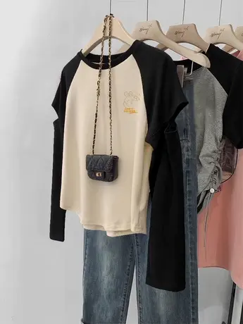 早秋韩版chic设计感小众插肩上衣女装袖口破洞撞色ins潮牌长袖T恤商品大图