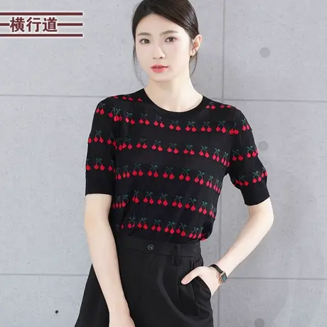 显瘦夏装女圆领樱桃撞色宽松2024大码洋气女上衣小衫针织短袖女夏商品大图