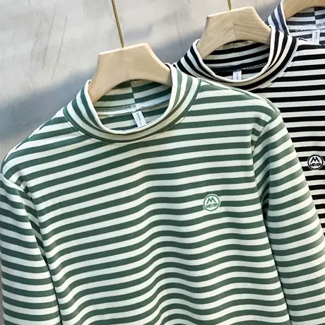 男士长袖t恤条纹薄款保暖上衣德绒半高领打底衫男春秋冬内搭潮流商品大图