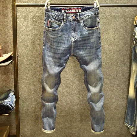 春季新款蓝色牛仔裤男潮牌修身小直筒裤高级水洗帅气百搭猫须裤子商品大图