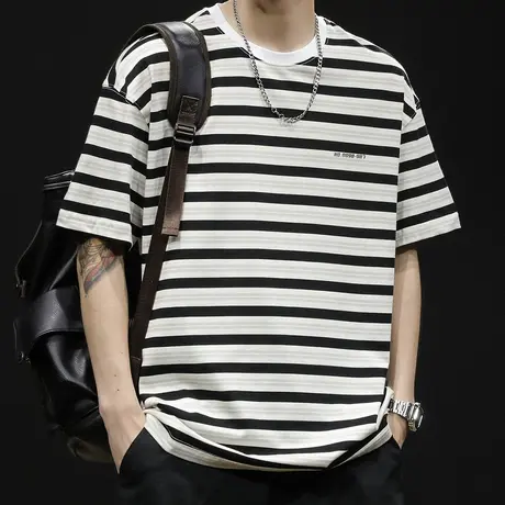 条纹短袖t恤男士夏季宽松大码潮牌2024新款男装纯棉重磅体恤男款商品大图