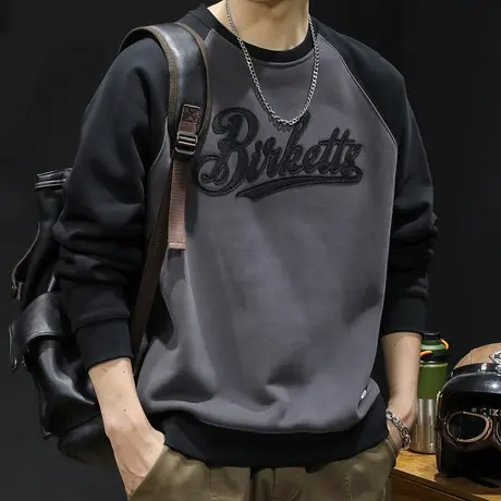 潮牌卫衣男春秋款圆领加绒加厚重磅衣服春季2024新款长袖大码撞色商品大图