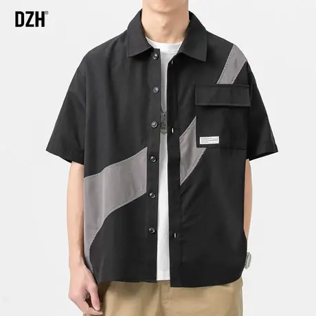 男士拼接工装短袖衬衫男夏季薄款衬衣休闲潮牌男装2023新款半截袖商品大图