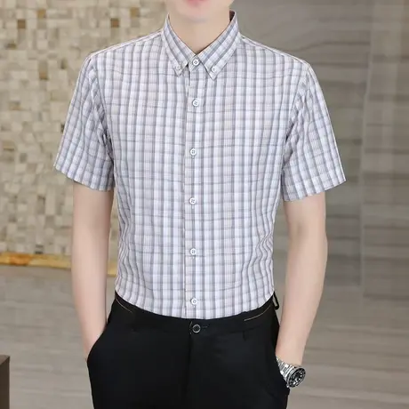 夏季格子短袖衬衫潮流帅气修身潮牌高级感寸衣男商务休闲半袖衬衣商品大图