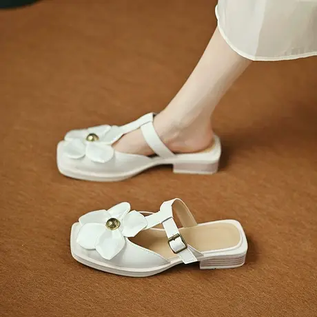 欧洲站2023小众设计金属花朵半拖女一字扣凉拖鞋复古学院风单鞋潮商品大图