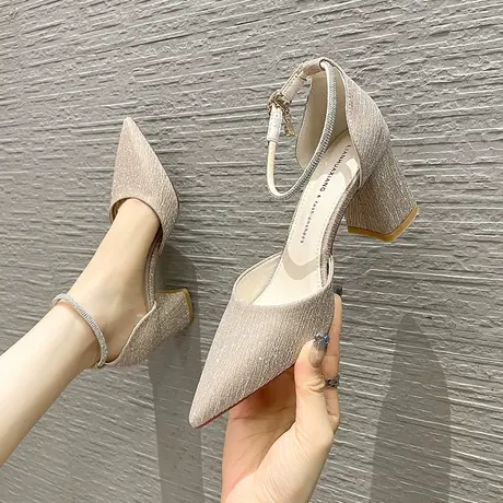 粗跟单鞋女2024年春季新款尖头一字带粗跟职业鞋法式仙女风高跟鞋图片
