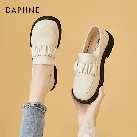 达芙妮白色小皮鞋女日系jk鞋2021年秋冬新款粗跟乐福鞋一脚蹬平底商品大图