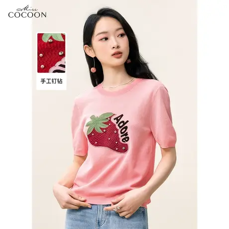 miss COCOON刺绣针织短袖t恤女2023夏季新款时尚减龄中袖毛衫上衣商品大图