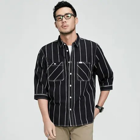 格慕施纯棉五分袖衬衫外套男春夏季大码宽松条纹中袖衬衣男装图片