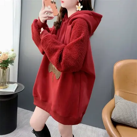 红色羊羔毛拼接加绒连帽卫衣女2023年新款秋冬宽松减龄设计感外套商品大图
