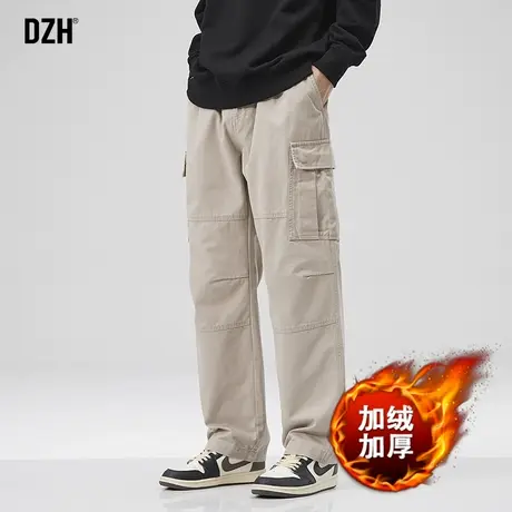 男士卡其色工装裤子男冬季加绒加厚2024新款直筒休闲裤男裤阔腿裤商品大图
