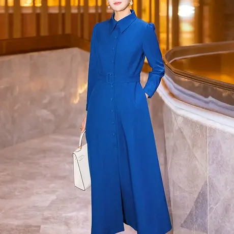 克莱因蓝连衣裙女春秋2024新款时尚气质衬衫领修身收腰长袖大摆裙图片