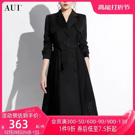 AUI欧美风黑色过膝长款风衣外套女2024秋冬新款御姐气质收腰大衣商品大图