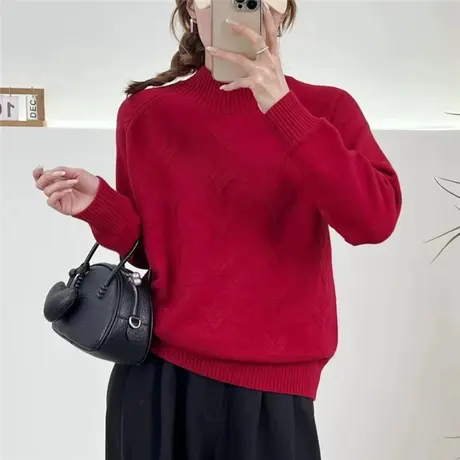 红色女毛衣半高领加厚打底衫2023年新款宽松百搭女上衣内搭秋冬装商品大图