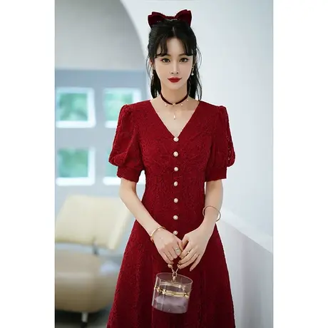 敬酒服新娘酒红色高级感结婚订婚回门小礼服连衣裙法式蕾丝中长款商品大图