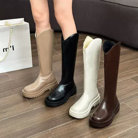 高挑御姐~厚底2023年新款弹力V口长筒靴女后拉链高筒骑士长靴子女商品大图