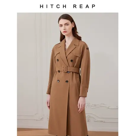 希区瑞普原创设计小众落肩经典复古式黑驼酒红双排扣风衣外套收腰商品大图