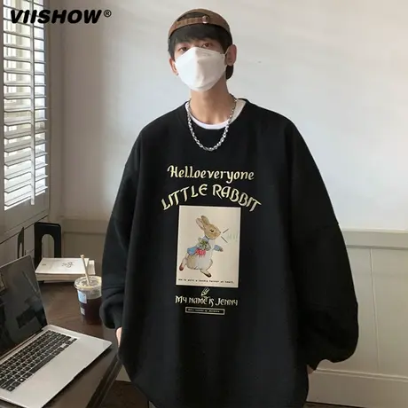 VIISHOW无帽圆领卫衣男宽松2024新款男款绿色春季春秋宽松上衣商品大图