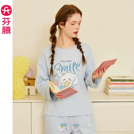 芬腾纯棉睡衣女春秋圆领套头长袖可爱卡通休闲宽松全棉家居服套装商品大图