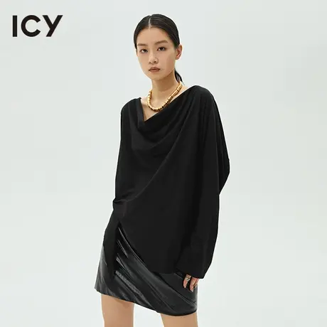 icy春秋新款不对称荡领落肩长袖宽松T恤卫衣女【梦会停设计】图片