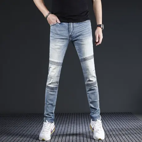 美式高街工装牛仔裤2024新款男修身小脚浅蓝水洗弹力男士裤子商品大图