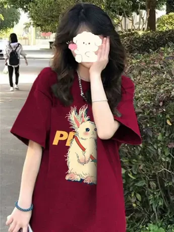 复古圆领纯棉t恤女短袖夏季ins潮牌情侣体恤chic兔子印花半袖上衣图片