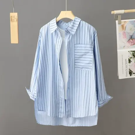 2024年春季新款蓝色条纹衬衫女装中长款韩版洋气百搭衬衣外套上衣图片