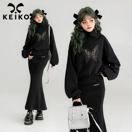 KEIKO 镂空蝴蝶绣花黑色短款卫衣2024春季美式甜辣宽松半高领上衣商品大图