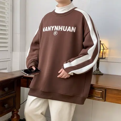 撞色条纹卫衣春秋款圆领长袖t恤男潮字母印花上衣学生痞帅打底衫T图片