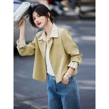 时尚气质外套2024年春季新款女休闲拼接假两件西装领短款上衣图片