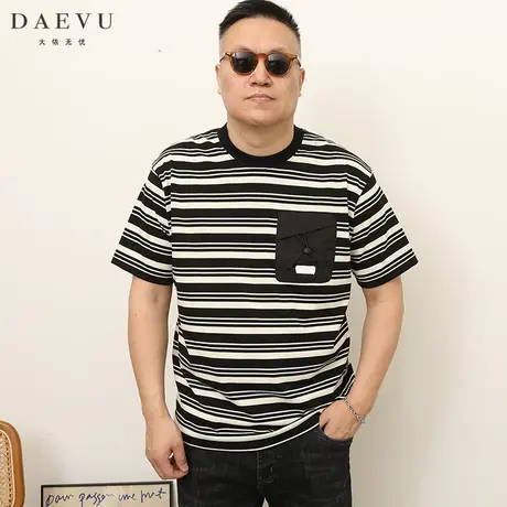 DAEVU夏季新款条纹潮胖子大号加肥加大码圆领男士短袖t恤商品大图
