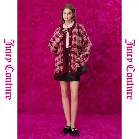 Juicy Couture橘滋秋季装女装年新款瑰丽浪漫金属扣格纹毛衣外套商品大图