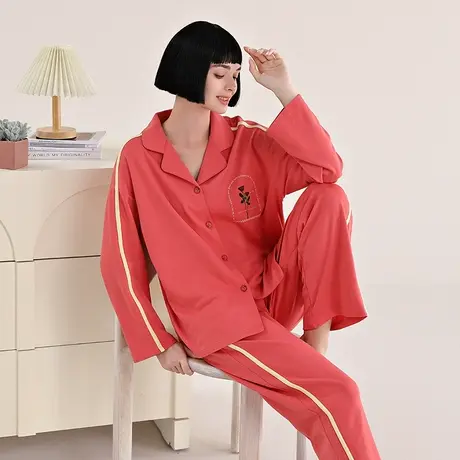 婷美新款纯棉睡衣女春秋季长袖开衫翻领休闲秋冬天韩版家居服套装商品大图
