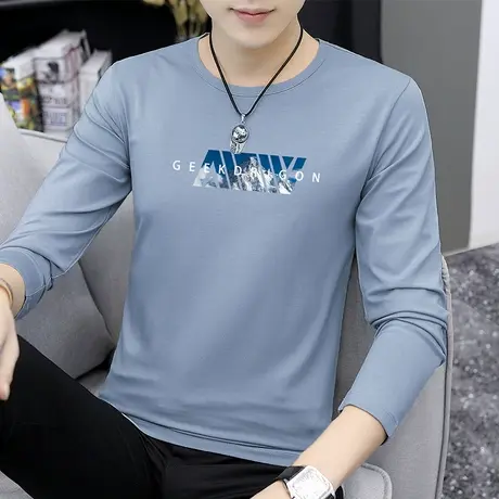 莫代尔长袖t恤男潮牌秋季内搭打底衫潮流圆领上衣服字母印花体恤商品大图