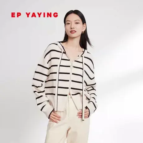 EP YAYING雅莹女装 羊毛宽松抽绳条纹针织开衫 2023秋冬新款9189A商品大图