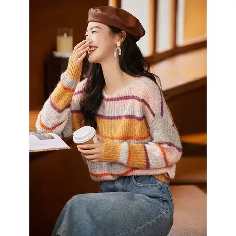时尚气质条纹毛衣女士2023年秋季新款通勤百搭设计感长袖针织上衣图片