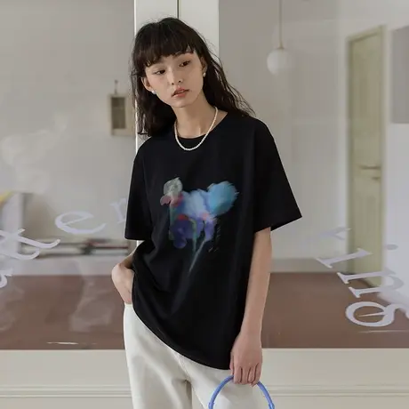 omont蛋挞家 原创抽象印花纯棉短袖t恤女夏2022新款宽松廓形上衣图片