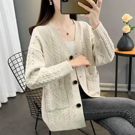 秋季2023新款女装v领宽松外穿麻花口袋针织开衫洋气穿搭上衣外套商品大图