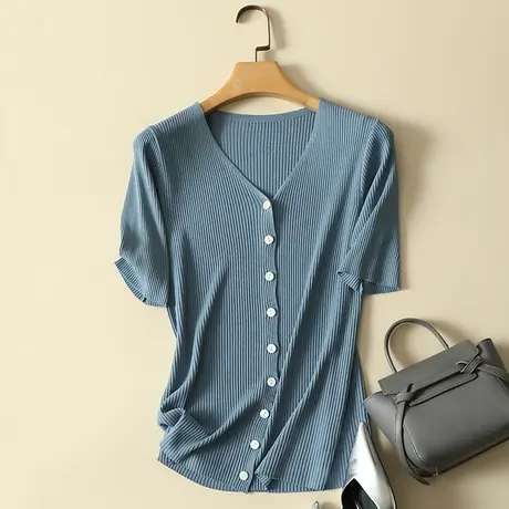 女士毛衣冰丝针织开衫夏季外穿2023夏款白色V领短款修身短袖上衣图片