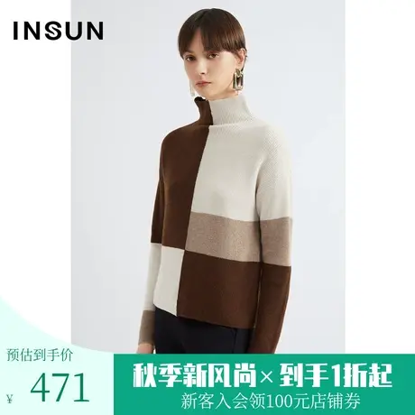 恩裳2022冬季拼接几何撞色打底衫纯羊毛减龄款毛织衫图片