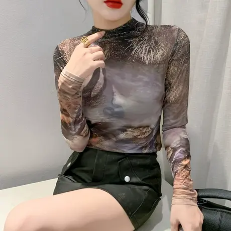 半高领打底衫女内搭秋冬2023新款扎染印花上衣修身网纱T恤长袖潮商品大图