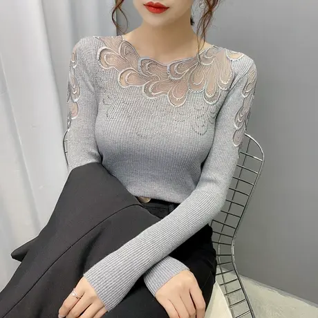 针织衫秋冬新款女蕾丝修身打底衫女烫钻镂空内搭女士上衣洋气百搭商品大图