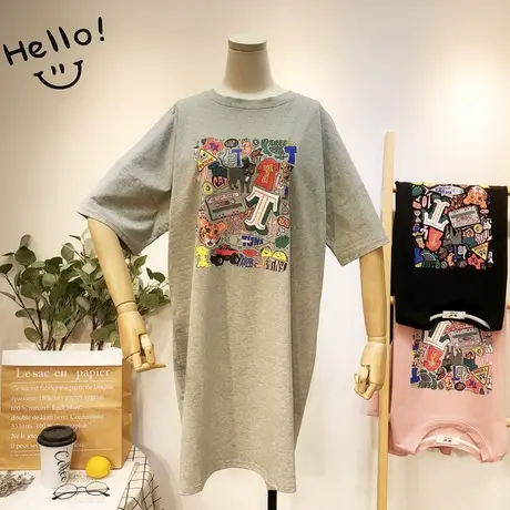 2020夏新款韩国东大门港风涂鸦字母帅气休闲T恤裙中长款包臀体恤商品大图