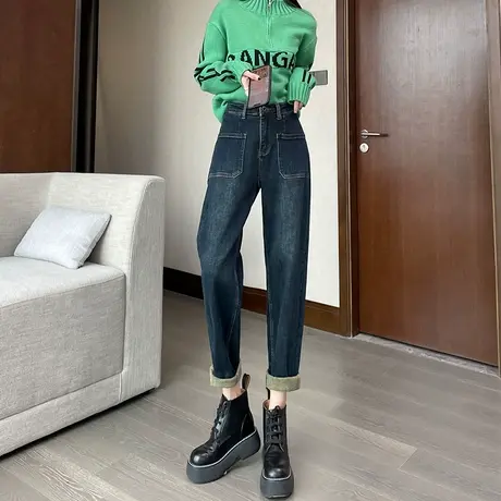 老爹牛仔裤女薄绒2023年秋冬新款高腰直筒宽松显瘦复古加厚哈伦裤商品大图